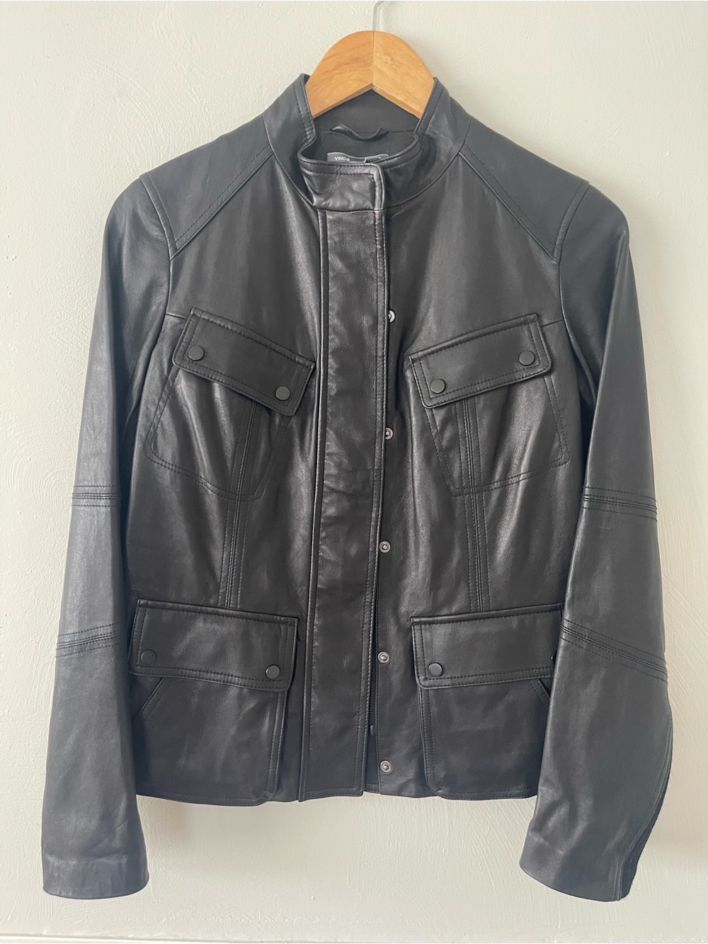 Vince Black Leather Snap-Front Jacket with Flap Pockets